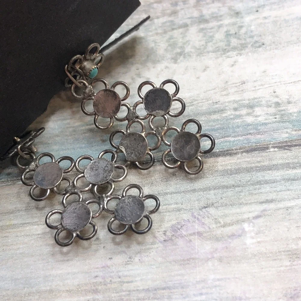 Zuni Flower Native American Indian Earrings Dangle Drop Silver Turquoise‎